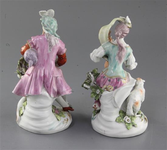 A pair of Derby figures of musicians, c. 1760-5, h, 20cm and 19.5cm,